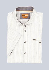 Kurzärmeliges, kragenloses Hemd in hellem Beige mit feinen Streifen. Verfügt über dunkle Knöpfe und eine Brusttasche mit einem Akzent. Normale Passform.