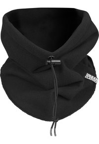 Zwarte fleece nekwarmer met een zachte textuur, uitgerust met een verstelbaar trekkoord en een logopatch aan de zijkant.