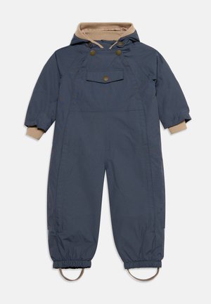 Børns marineblå vandtætte heldragt med hætte, frontlomme med trykknap, elastiske manchetter og justerbare fodremme.