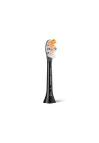 Tête de brosse à dents électrique noire de forme arrondie, dotée de poils orange, blancs et bleus. Marquée "Philips Sonicare A3."