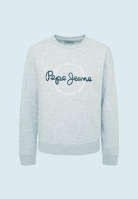 Felpa grigia con scollo rotondo, polsini e orlo a coste. Presenta il logo "Pepe Jeans" in blu scuro con testo bianco in un design circolare.