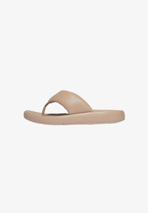 Beige flip-flop sandaal met een brede, gladde band, minimalistisch ontwerp, zachte textuur en een gevoerde zool.