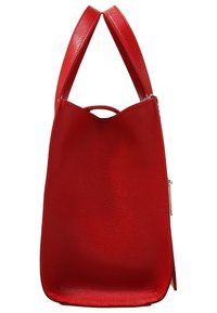 Borsa a mano rossa in pelle con una forma strutturata, dotata di due manici e una cerniera decorativa in argento. Superficie testurizzata con una finitura lucida.