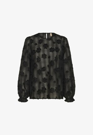 Melna caurspīdīga blūze ar ziedu izšuvumu un teksturētām akcentiem. Izceļas ar garām piedurknēm ar savāktiem piegriezumiem un apaļo dekoltē.