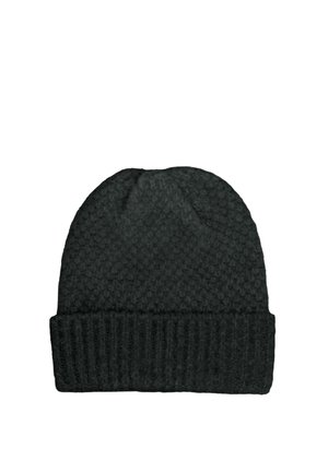 Sort strikket beanie hue med tekstureret mønster og foldet ribkant, isoleret på hvid baggrund.
