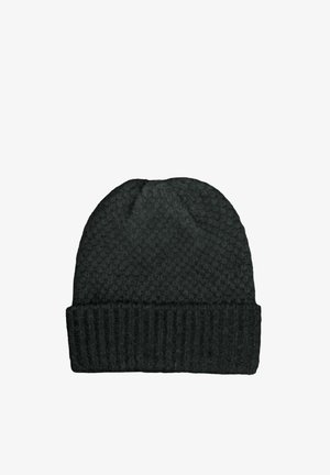 Sort strikket beanie hue med tekstureret mønster og foldet ribkant, isoleret på hvid baggrund.
