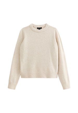 Cremefarbener Strickpullover mit rundem Halsausschnitt und langen Ärmeln. Mit gerippten Bündchen und Saum, aus einem weichen, strukturierten Stoff.