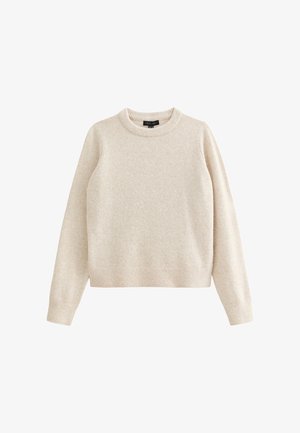 Crème-kleurige gebreide trui met een ronde halslijn en lange mouwen. Voorzien van ribgebreide boorden en zoom, gemaakt van een zachte, gestructureerde stof.