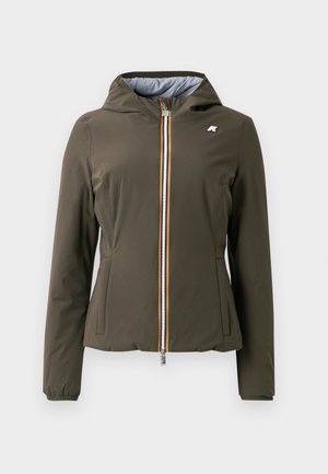 Olive green lightweight jacket with a hood, featuring a zip front with a multicolored stripe and elastic cuffs. Side pockets included.