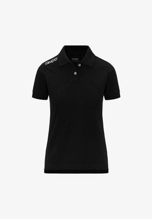 Polo shirt nera in cotone con colletto classico, maniche corte e patta con due bottoni. Presenta un logo ricamato sulla spalla.