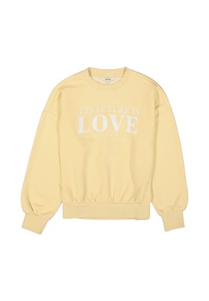 Lichtgele sweatshirt met pofmouwen en witte tekst "DE TOEKOMST IS LIEFDE" gedrukt op het midden van de voorkant.