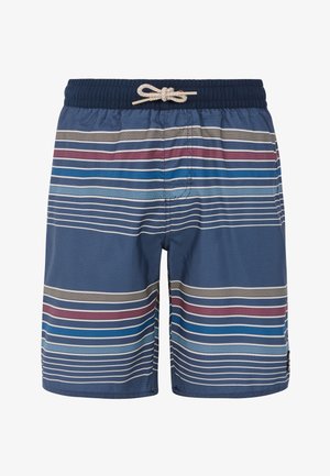 Navy Badehose mit elastischem Bund und Kordelzug. Ausgestattet mit horizontalen Streifen in Blau, Grau und Burgundy. Hergestellt aus leichtem Stoff.
