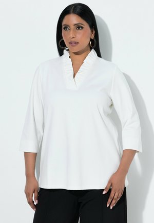 Ulla Popken, RUFFLED NECKLINE 3/4 SLEEVE T-SHIRT BLOUSE - Blouse - off-white