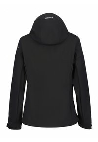 Black softshell jacket with a hood, featuring a minimalist design, smooth texture, and subtle branding on the back and sleeves.