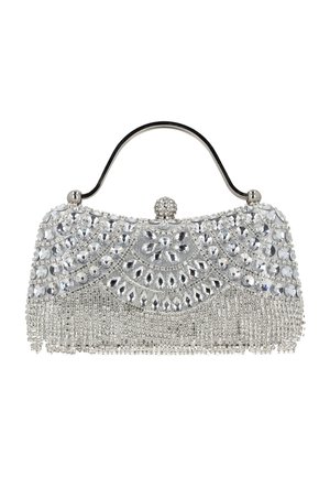 Ezüst retikül kristály díszítésekkel, virág- és geometriai mintákkal, gyöngyös patenttal és az alján rojtos részletekkel.