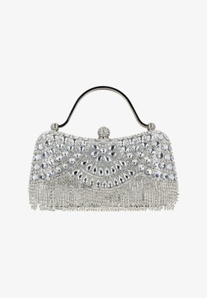 Ezüst retikül kristály díszítésekkel, virág- és geometriai mintákkal, gyöngyös patenttal és az alján rojtos részletekkel.