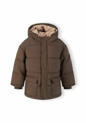 Veste d'hiver matelassée marron avec capuche doublée en polaire beige, boutons-pression à l'avant et deux grandes poches à rabat.