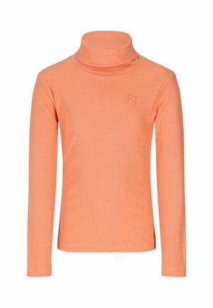 Pull à col roulé côtelé à manches longues de couleur orange clair avec un petit logo embossé sur la poitrine gauche, présenté sur fond blanc.