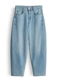 Light blue high-waist denim jeans with front pockets, button closure, and subtle fading on thighs, displayed on white background.