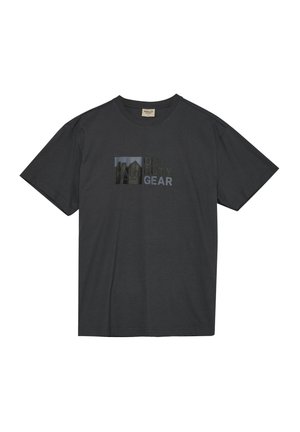 Mørkegrå bomulds-T-shirt med et grafikdesign, der har "HALO" og "OFF DUTY GEAR" i forskellige farver. Korte ærmer og rund halsudskæring.