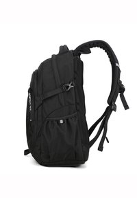 Zaino nero con un design strutturato, diverse tasche, spallacci regolabili e un pannello posteriore imbottito per il comfort.