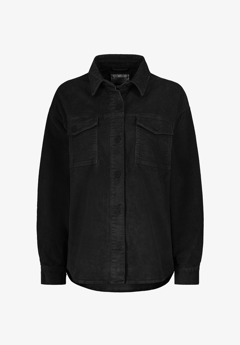 Zwarte corduroy shirtjas met een kraag, knoopsluiting en twee voorkruiden. De textuur is ribbelig en de pasvorm is relaxed.