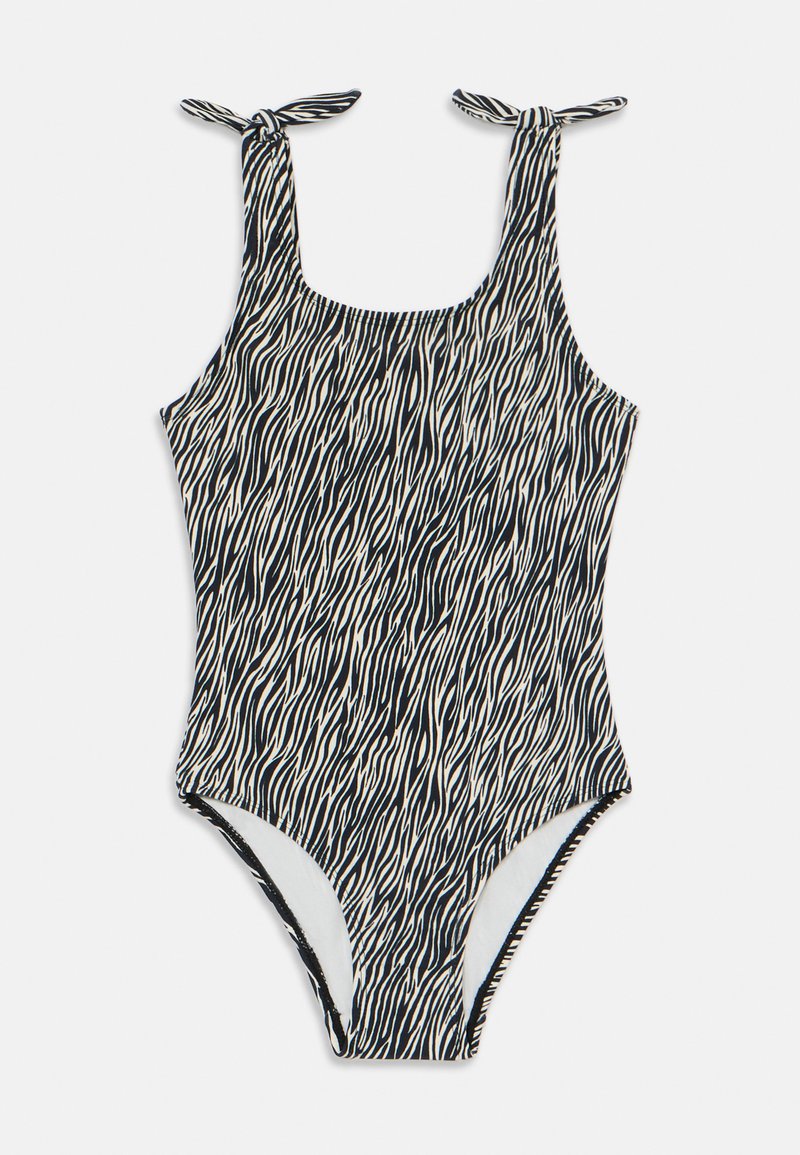 Maiô de uma peça em preto e creme com um padrão de listras onduladas. Apresenta laços ajustáveis nos ombros e um corte clássico.