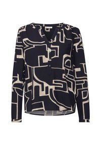 Navybluse mit abstrakten cremefarbenen geometrischen Mustern, V-Ausschnitt, langen Ärmeln und Knopfverschluss. Leichtes Material mit glatter Textur.