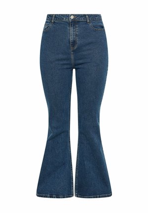 Jeans in denim blu scuro a vita alta con gamba svasata, bottoni frontali, chiusura con zip e classico design con cinque tasche.