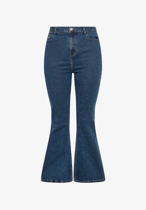 Jeans in denim blu scuro a vita alta con gamba svasata, bottoni frontali, chiusura con zip e classico design con cinque tasche.