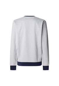 Sudadera de algodón gris con mangas largas, puños y dobladillo de canalé en azul marino, diseño simple de cuello redondo, textura suave y sin patrones visibles.