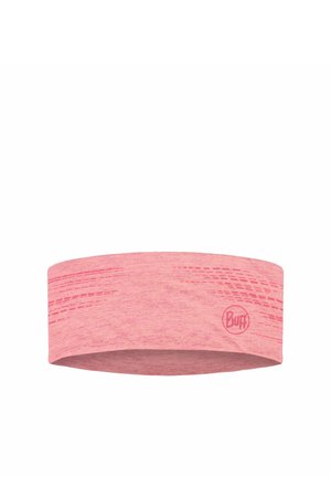 Diadema de tela rosa sin costuras con patrones horizontales sutiles y un pequeño logo "Buff" en un lado.
