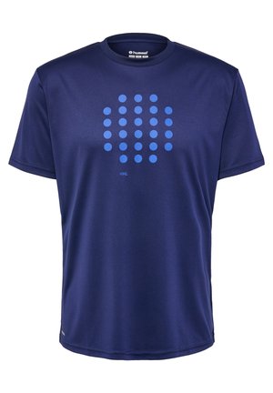 T-shirt de sport bleu foncé à manches courtes avec un motif de cercles bleus en points sur la poitrine et un col rond.
