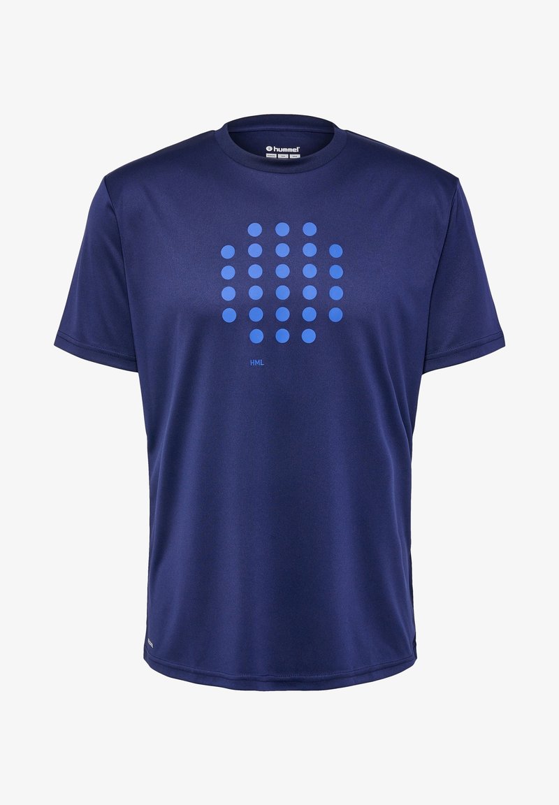 T-shirt de sport bleu foncé à manches courtes avec un motif de cercles bleus en points sur la poitrine et un col rond.