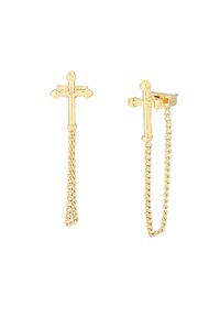 Pendientes en tono dorado con un diseño de cruz de extremos puntiagudos y un acento de cadena, que exhiben una superficie suave y brillante, con un estilo minimalista.