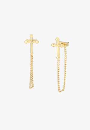 Pendientes en tono dorado con un diseño de cruz de extremos puntiagudos y un acento de cadena, que exhiben una superficie suave y brillante, con un estilo minimalista.