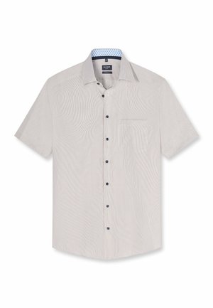 Chemise homme beige clair à manches courtes, boutonnée, avec une poche poitrine et un col intérieur contrastant avec un motif subtil.
