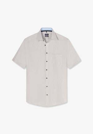 Chemise homme beige clair à manches courtes, boutonnée, avec une poche poitrine et un col intérieur contrastant avec un motif subtil.