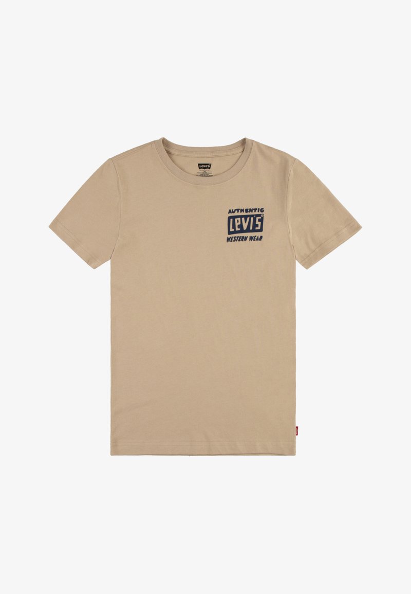 Camiseta de algodón beige con cuello redondo, mangas cortas y un diseño gráfico en color azul marino en la parte izquierda del pecho.