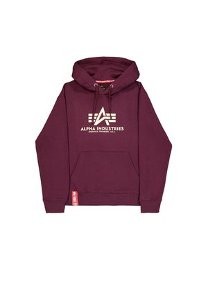 Bordowy hoodie z kieszenią z przodu, kapturem ze sznurkiem i logotypem "Alpha Industries" w jasnym beżu. Posiada małą czerwoną metkę z boku.