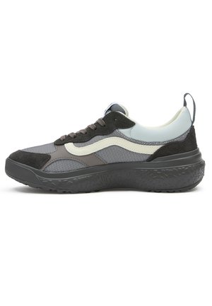 Sneakers with a black, grey, and light blue color scheme. Textured mesh upper, suede accents, and a thick, patterned rubber sole.