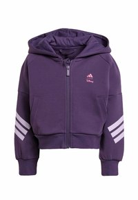 Fialová mikina na zips vyrobená z mäkkej tkaniny, s kapucňou, prednými vreckami a bielymi pruhmi Adidas na rukávoch. Prítomné logo Disney.