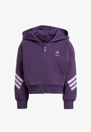 Ljubičasti dukserica na zip, izrađena od mekane tkanine, sa kapuljačom, prednjim džepovima i bijelim Adidas trakama na rukavima. Prisutan Disney logo.