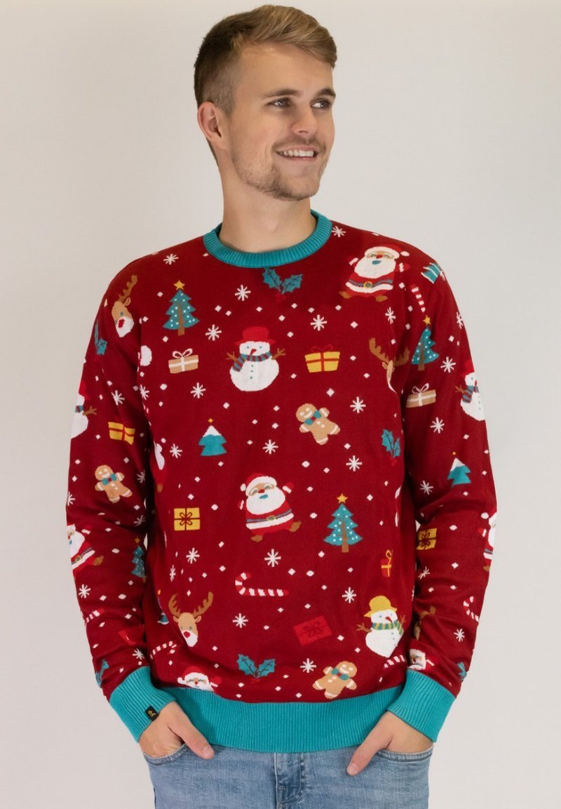 Red holiday sweater featuring festive patterns of snowmen, Santa, Christmas trees, and gifts. Contrasting teal collar and cuffs.