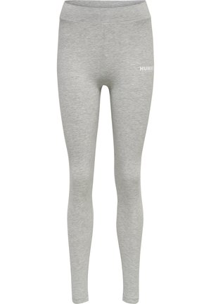 Grijze leggings van zacht, elastisch materiaal met een gladde textuur. Heeft een hoge tailleband en een klein wit logo-detail aan de zijkant.