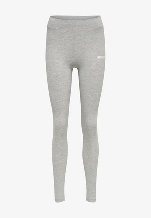 Grå leggings lavet af blødt, strækbart stof med en glat tekstur. Har en høj talje og et lille hvidt logodetalje på siden.