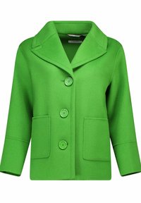 Veste en mélange de laine verte avec un col cranté, fermeture à trois boutons et deux poches avant ; elle présente une texture lisse et une forme structurée.