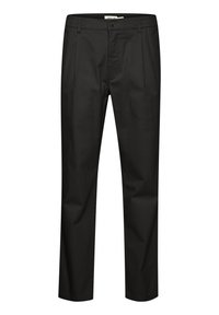 Black trousers with a smooth texture, featuring a button closure, pleats at the front, and an elastic waist for comfort.
