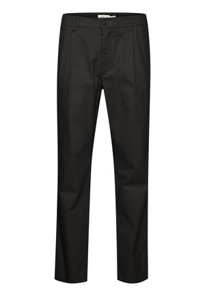 Black trousers with a smooth texture, featuring a button closure, pleats at the front, and an elastic waist for comfort.