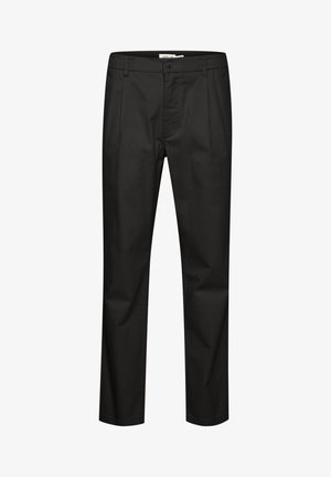 Black trousers with a smooth texture, featuring a button closure, pleats at the front, and an elastic waist for comfort.